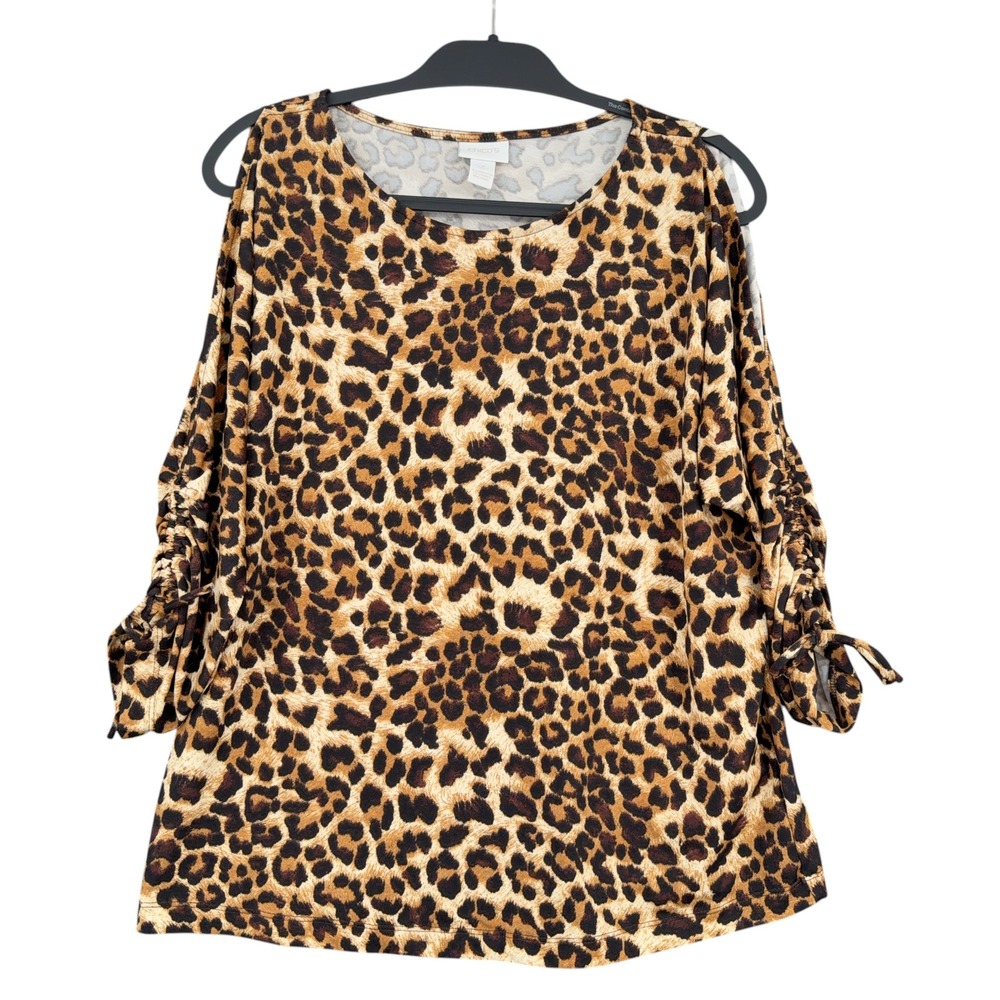 Chico's Cold Shoulder Top Women Size 2 Polyester Spandex Leopard Print Brown